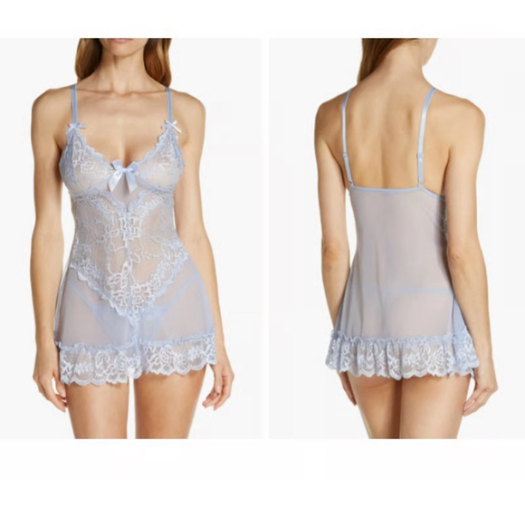 Oh La La Cheri Blue Lace Babydoll Lingerie Set | Size Large | Sheer Nightie Set - Picture 5 of 6